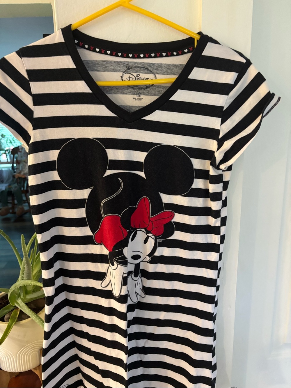 Disney Minnie Mouse Black & White Striped women’s tee with Red Bow